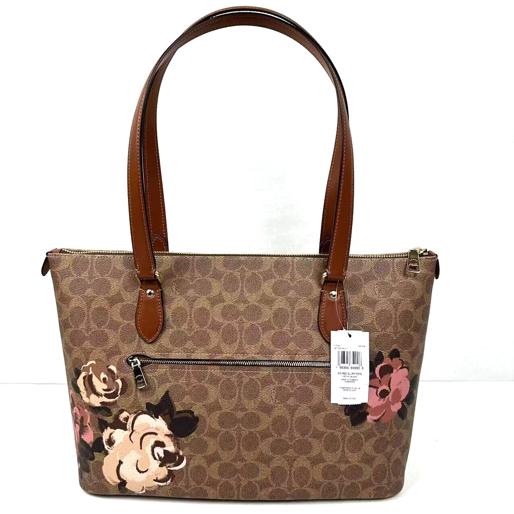 Coach Brown Floral Print Signature Canvas Tote with Pink Accents - Picture 2 of 13
